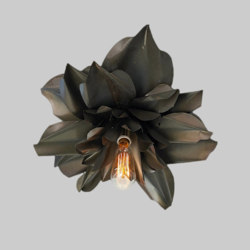 Black Magnolia Shape Flush Mount Ceiling Fixture - Rural Metallic Design 1 Head