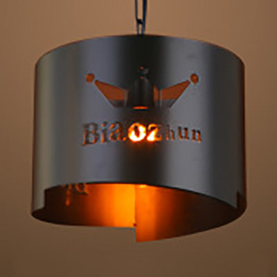Industrial Drum Hanging Light With Hollow Metallic One Black Pendant For Bars