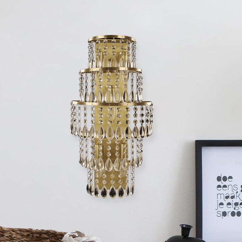 Contemporary Crystal Wall Sconce With 5-Bulb Brass Mount - Layered Bedside Light