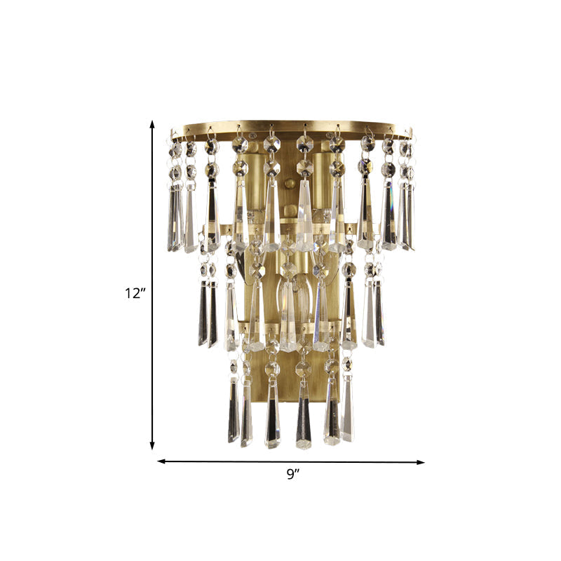 Contemporary Brass Wall Sconce Lighting: Crystal Flute Tiered Hall Mounted Light