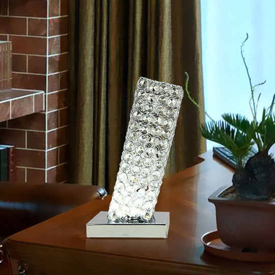 Crystal Led Night Table Lamp: Modern Chrome Cuboid Design With Slanting Insert