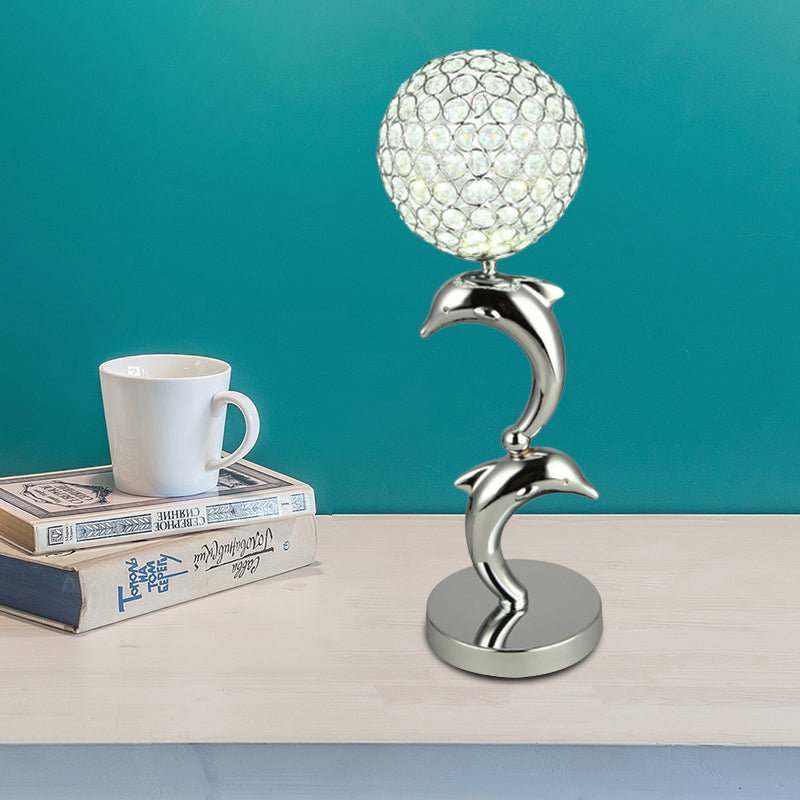 Modern Crystal Chrome Dolphin Table Lamp With Led Globe For Study Room Nightstand