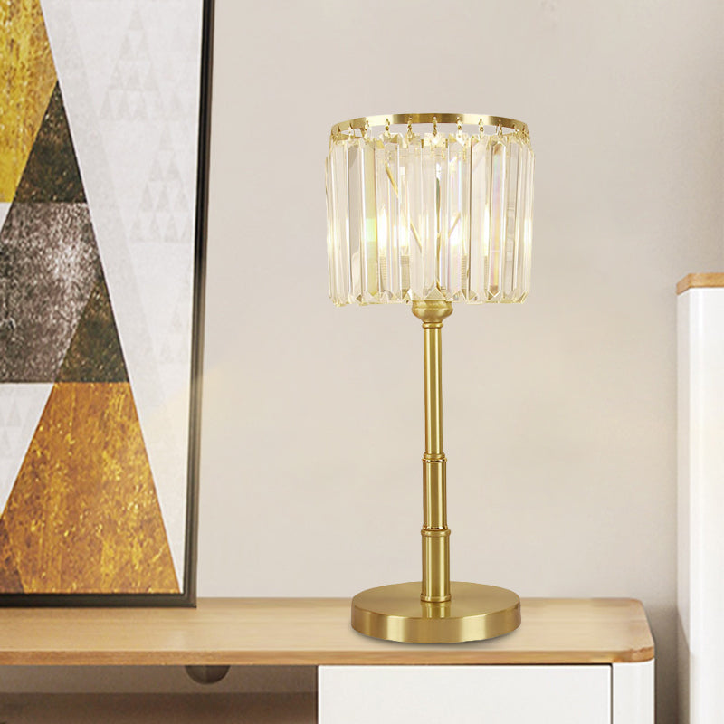 Brass Led Clear Glass Nightstand Lamp: Stylish Cylindrical Table Light For Dining Room