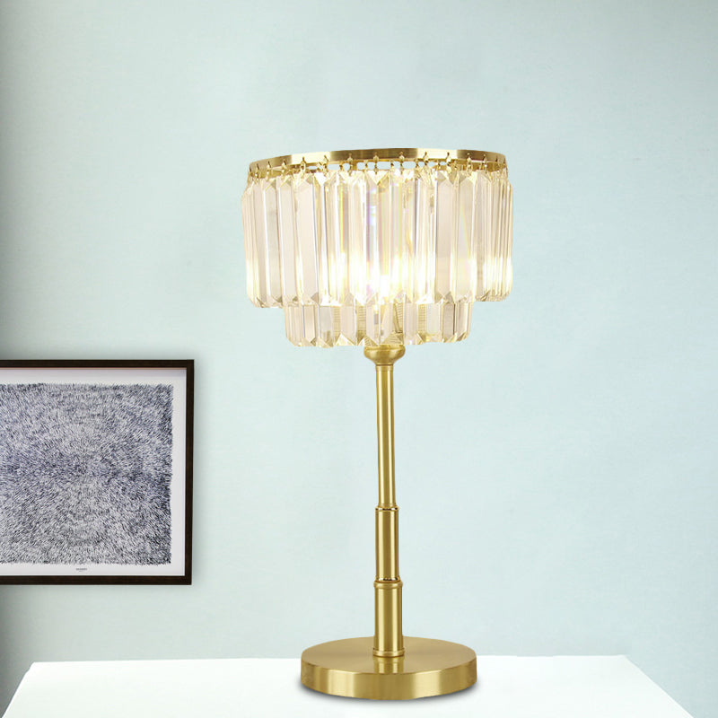 Modern Brass Drum Table Lamp With Clear Hand-Cut Crystal Led Light For Dining Room
