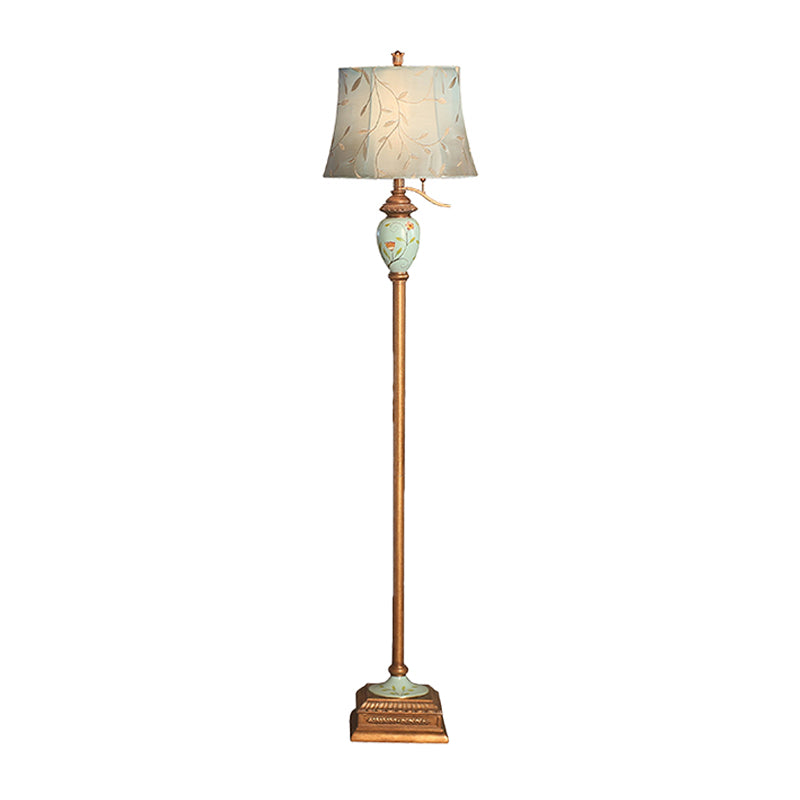 Blue Rustic Fabric Standing Lamp With Curved Vines Patterned Shade