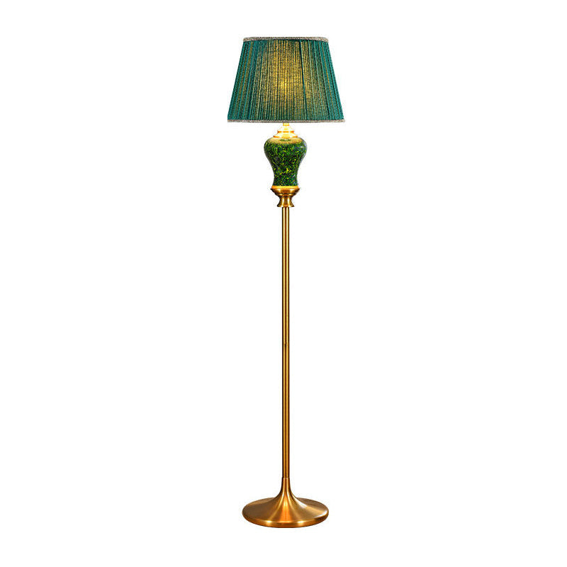 Country Style Plated Green Floor Lamp With Tapered Drum Shade And Ceramic Pot Decor