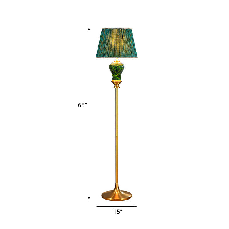 Country Style Plated Green Floor Lamp With Tapered Drum Shade And Ceramic Pot Decor