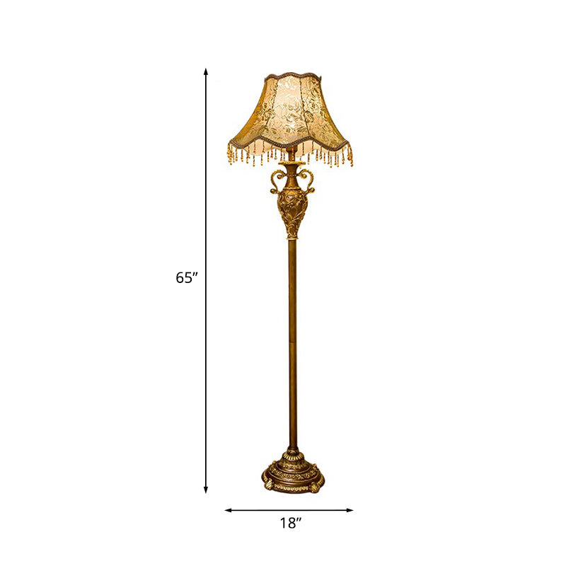 Rustic Rose Print Fabric Scalloped Floor Lamp In Gold - 1 Bulb Free Standing Light For Living Room