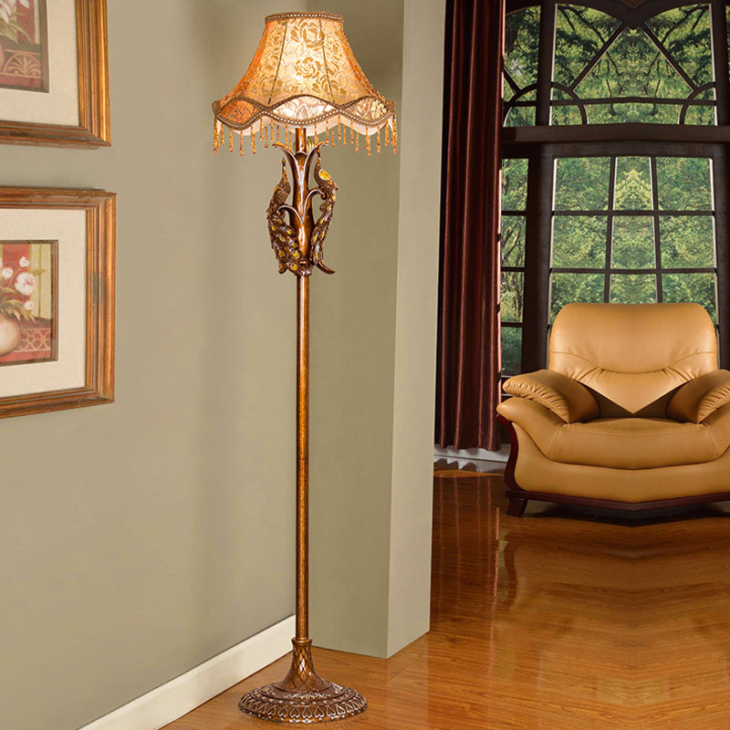 Gold Standing Floor Lamp With Scalloped Fabric Shade - Traditional Style Bulb Light For Sitting Room
