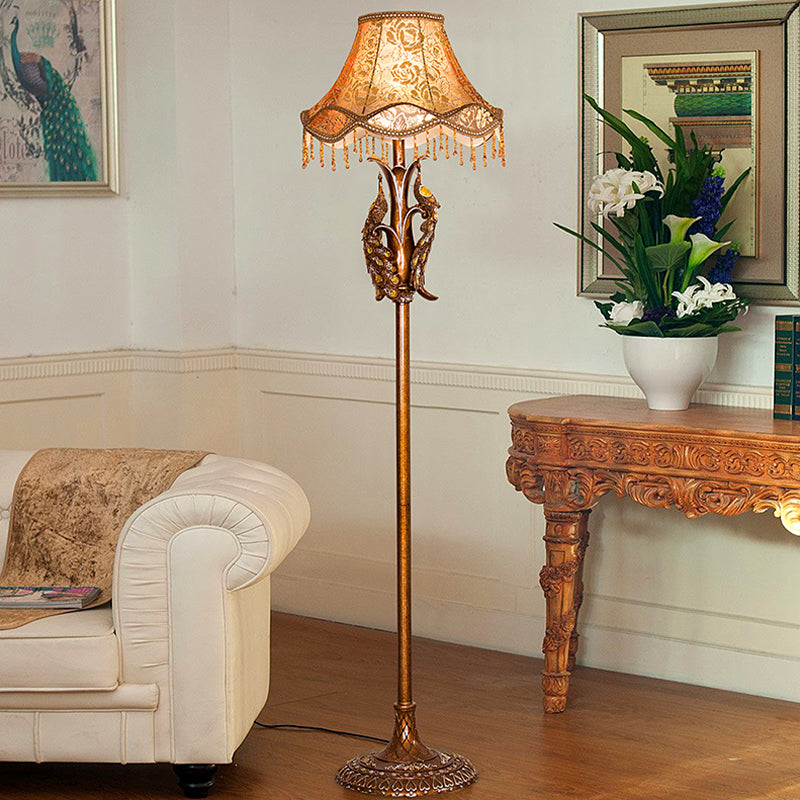 Gold Standing Floor Lamp With Scalloped Fabric Shade - Traditional Style Bulb Light For Sitting Room