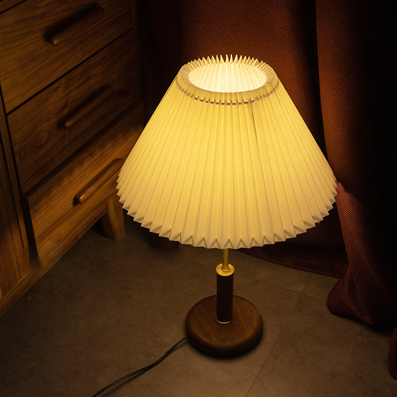 Minimalistic Plastic Beige Table Lamp: Pleated Shade Conical Design 1 Bulb Brown Base
