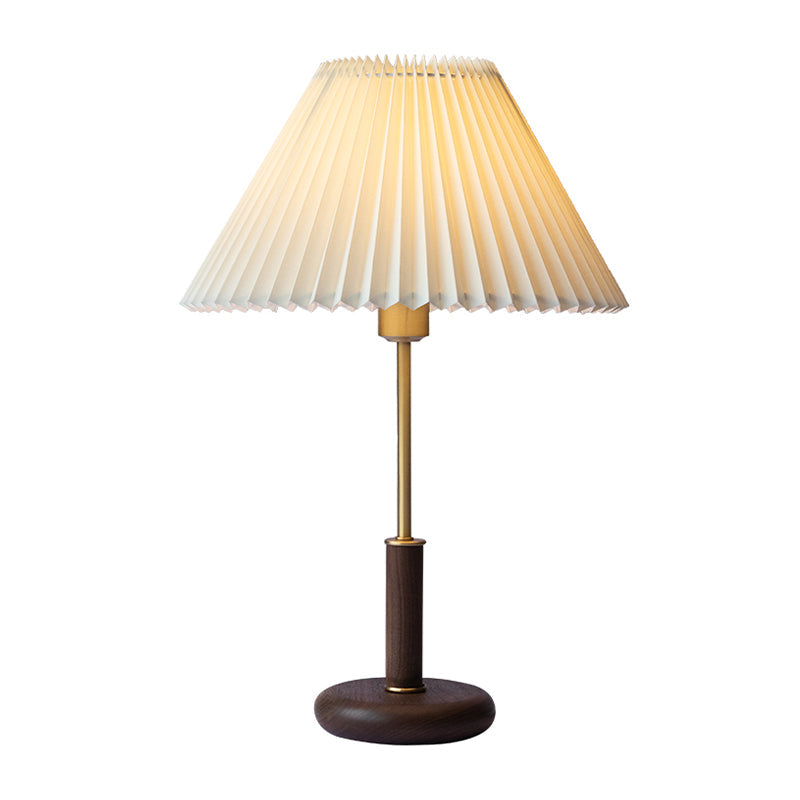 Minimalistic Plastic Beige Table Lamp: Pleated Shade Conical Design 1 Bulb Brown Base