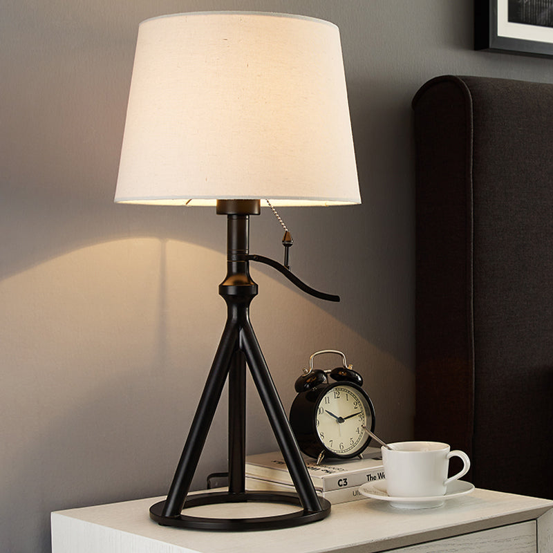 Minimalist White Tapered Drum Table Lamp With Black Tri-Leg Stand For Single Bedroom