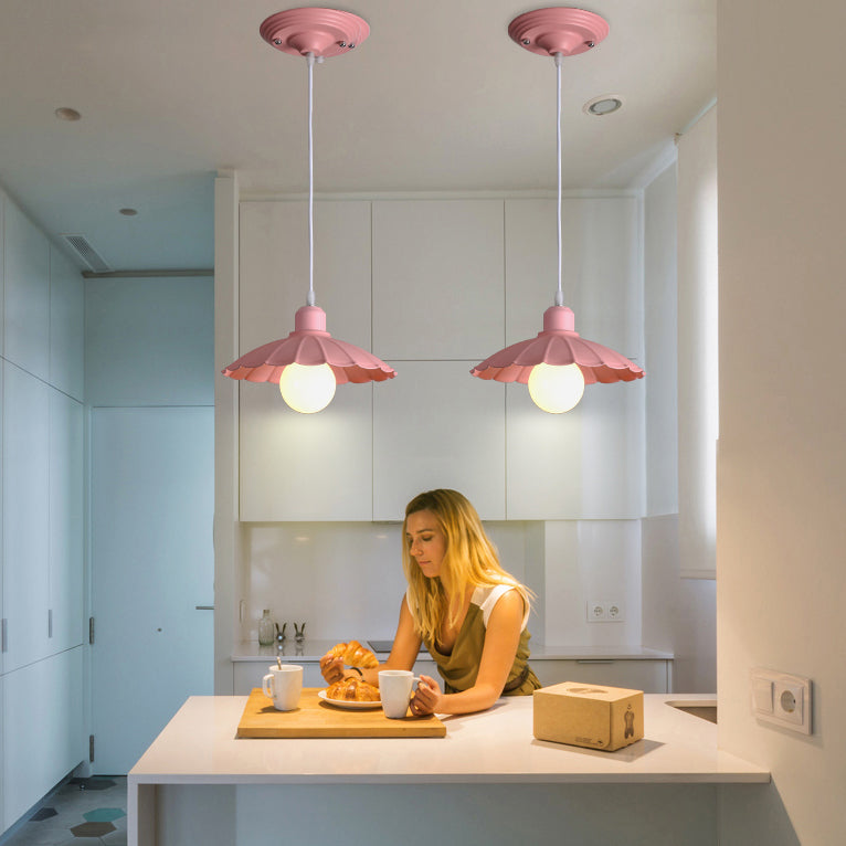 Macaron Style Head Pendant Lamp with Scalloped Edge Metallic Shade in Pink/Yellow - Perfect for Living Room