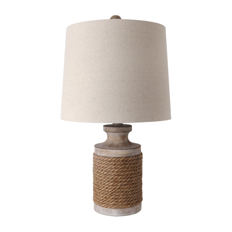 Cozy Lodge Fabric Table Lamp - Cylindrical Living Room Night Light With Roped Pot Base (White 1