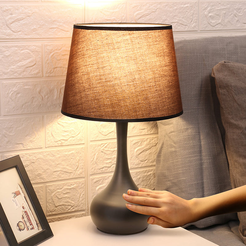 Slim-Neck Pedestal Nightstand Lamp With Brown/White Fabric Barrel Shade - Rural Table Light