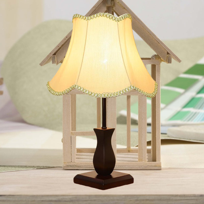 Country Paneled Bell Scalloped Fabric Night Stand Lamp - Beige/Burgundy