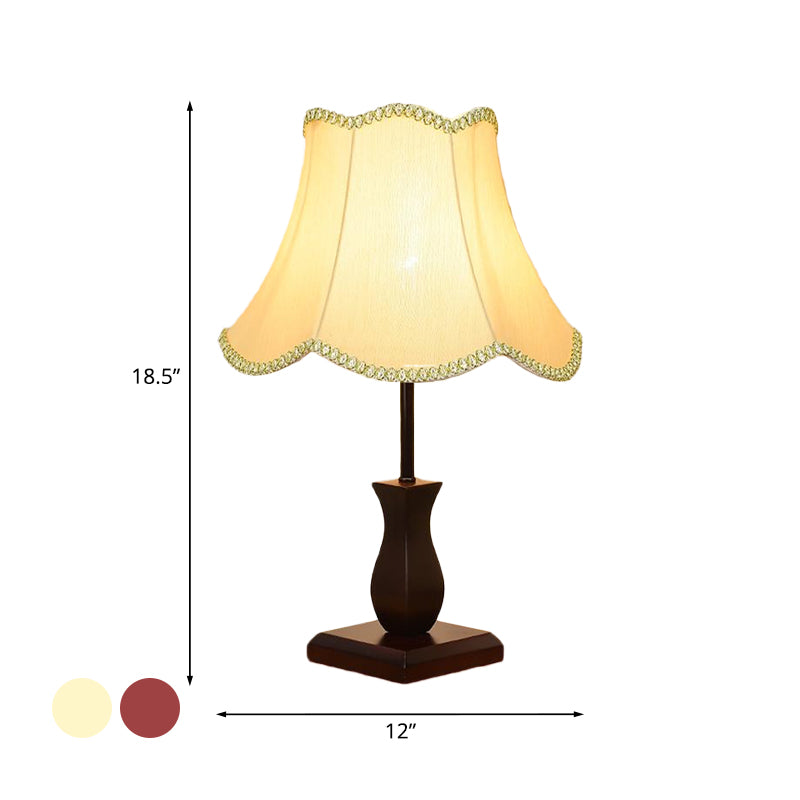 Country Paneled Bell Scalloped Fabric Night Stand Lamp - Beige/Burgundy