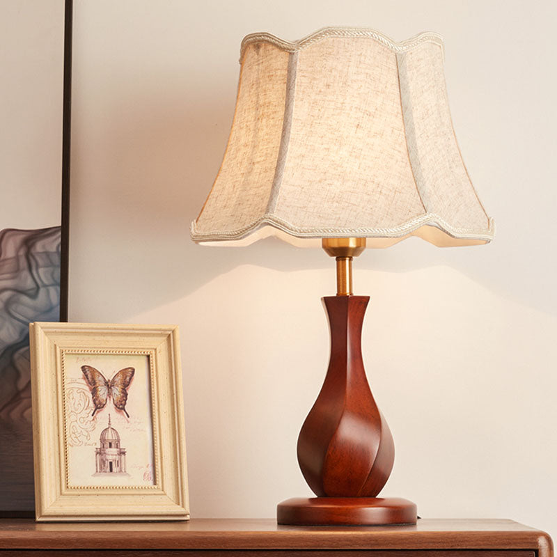Flared Nightstand Lamp With Scalloped Trim - Countryside Style In Flaxen/Beige Flaxen