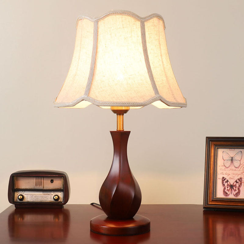 Flared Nightstand Lamp With Scalloped Trim - Countryside Style In Flaxen/Beige