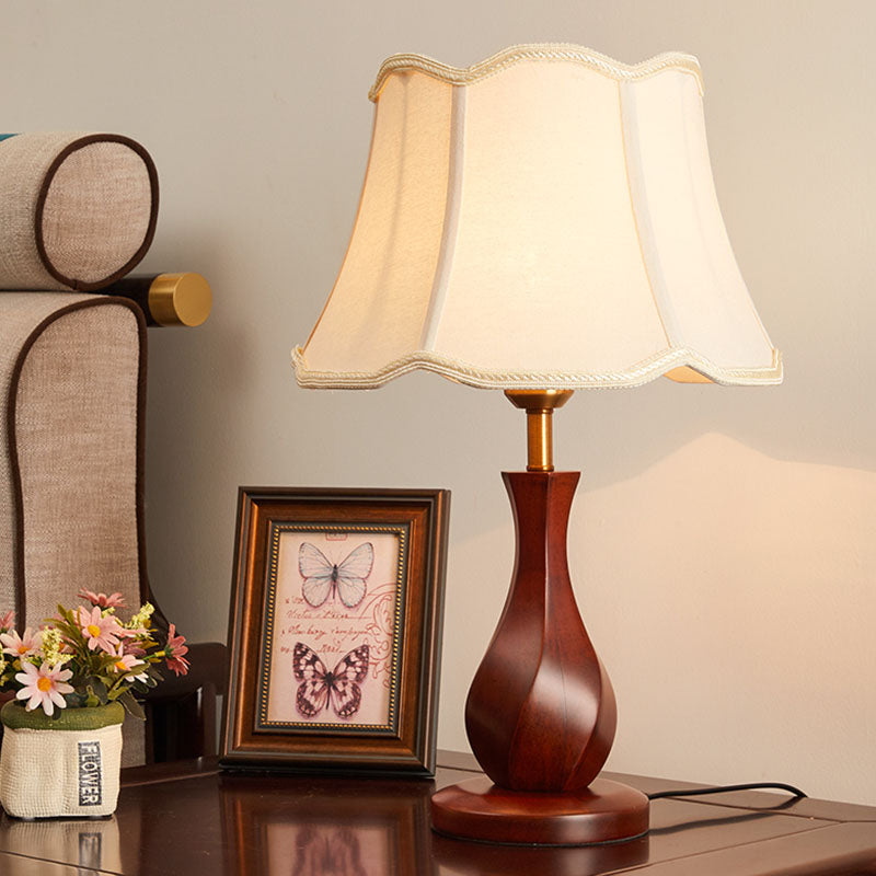 Flared Nightstand Lamp With Scalloped Trim - Countryside Style In Flaxen/Beige Beige