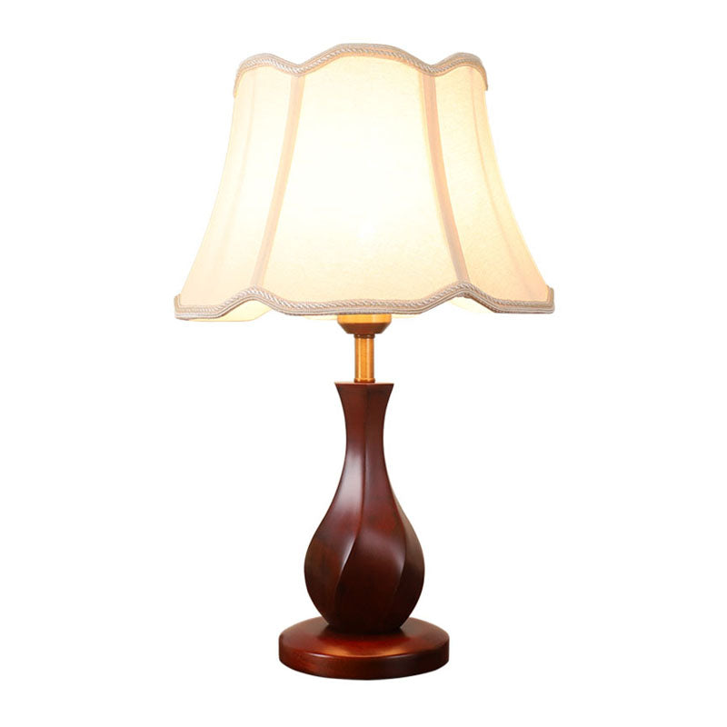 Flared Nightstand Lamp With Scalloped Trim - Countryside Style In Flaxen/Beige
