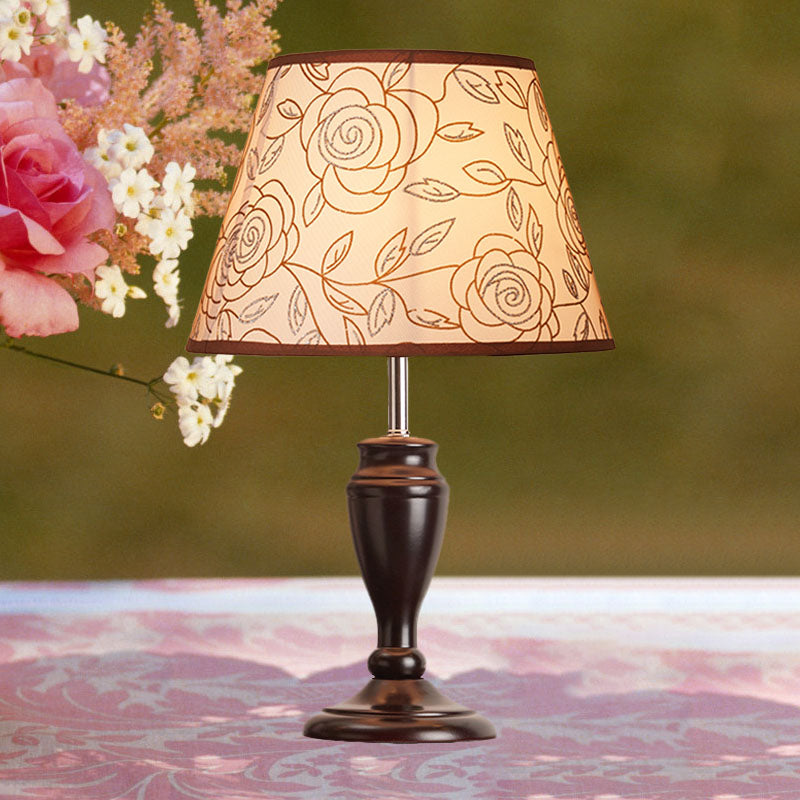 Brown Table Lamp With Tapered Fabric Shade And Floral/Slashed/Geometric Pattern Rustic Light For