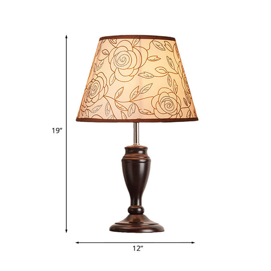 Brown Table Lamp With Tapered Fabric Shade And Floral/Slashed/Geometric Pattern Rustic Light For