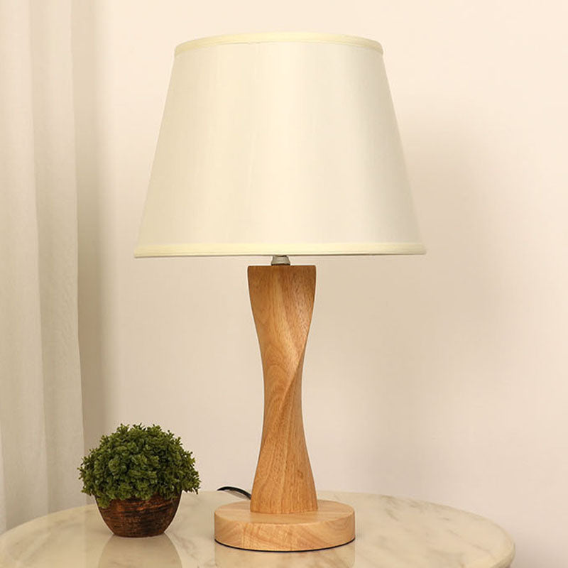 Twisted Wood Night Lamp With Conic Fabric Shade - Cozy Lighting For Living Room Table