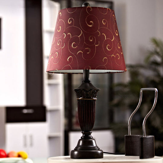 Azaleh - Swirl 1 Head Swirl Patterned Fabric Night Lamp Rural Burgundy Tapered Living Room Table Stand Light