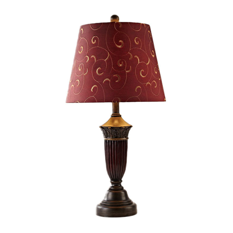 Burgundy Swirl Pattern Fabric Night Lamp - Rural Tapered Table Stand Light For Living Room