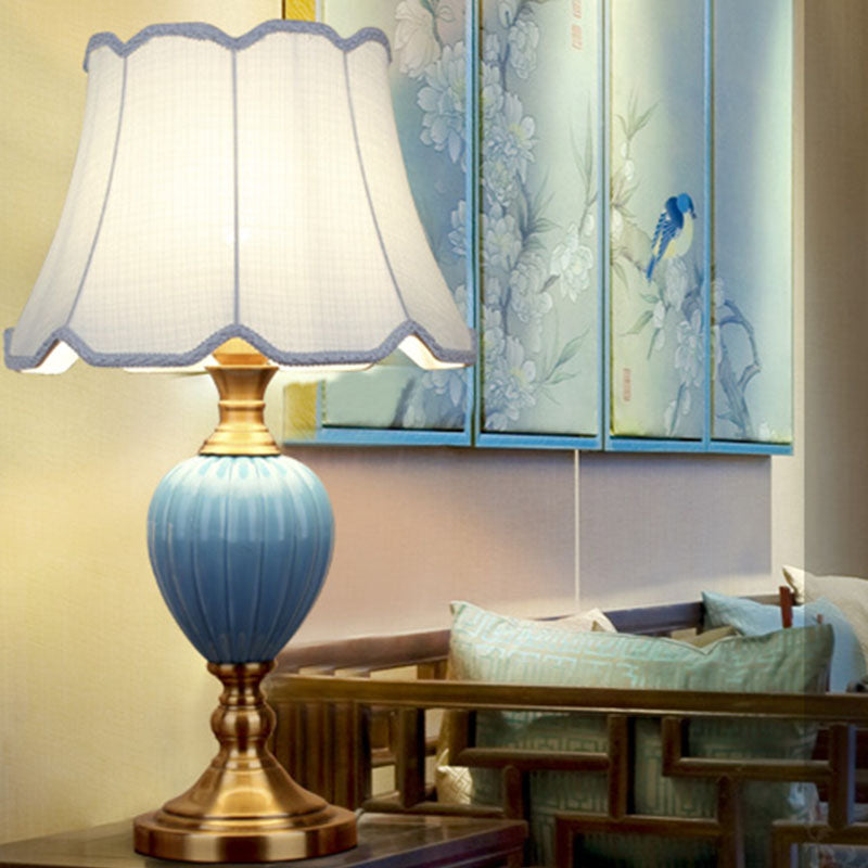 1-Light Retro Sky Blue Night Lamp With Pleated/Paneled Fabric Shade And Ceramic Base Light