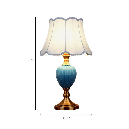 1-Light Retro Sky Blue Night Lamp With Pleated/Paneled Fabric Shade And Ceramic Base