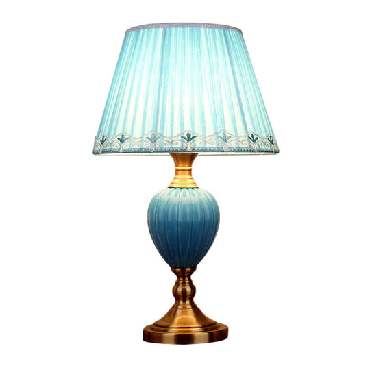 1-Light Retro Sky Blue Night Lamp With Pleated/Paneled Fabric Shade And Ceramic Base