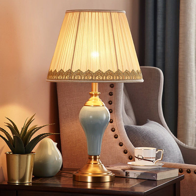Ceramic Urn Table Lamp Vintage Bedside Nightstand Light In Aqua/Beige/Grey With Fabric Shade Cream