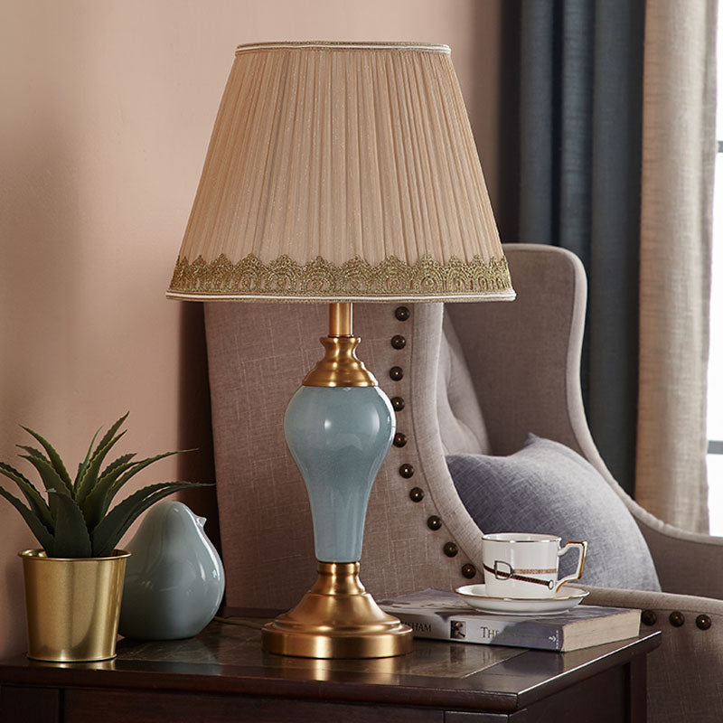 Ceramic Urn Table Lamp Vintage Bedside Nightstand Light In Aqua/Beige/Grey With Fabric Shade