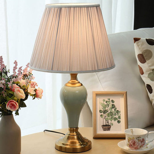 Ceramic Urn Table Lamp Vintage Bedside Nightstand Light In Aqua/Beige/Grey With Fabric Shade Silver