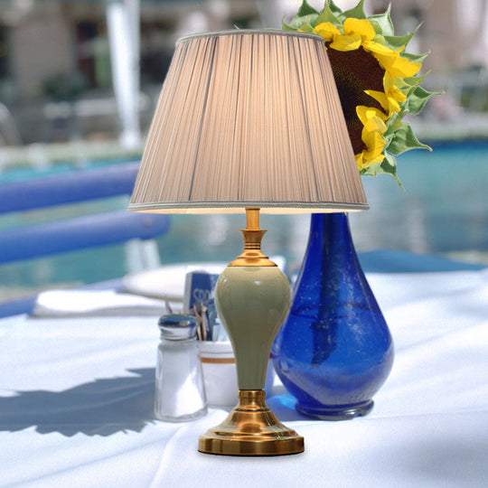Adalyn - Vintage Ceramic Urn Table Lighting Vintage 1 Bulb Bedside Nightstand Light in Aqua/Beige/Silver Grey with Tapered Fabric Shade