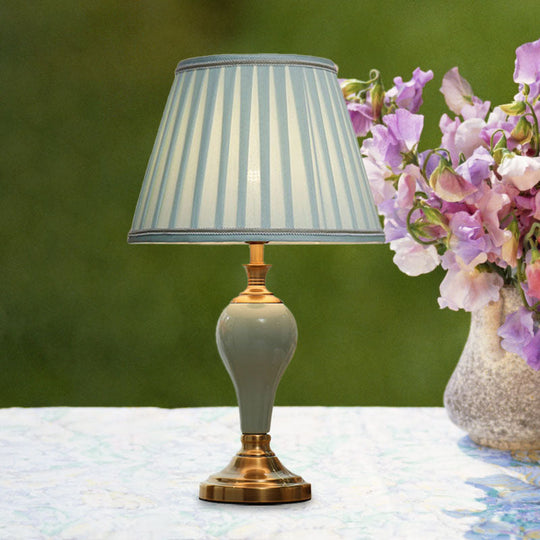 Ceramic Urn Table Lamp Vintage Bedside Nightstand Light In Aqua/Beige/Grey With Fabric Shade Aqua