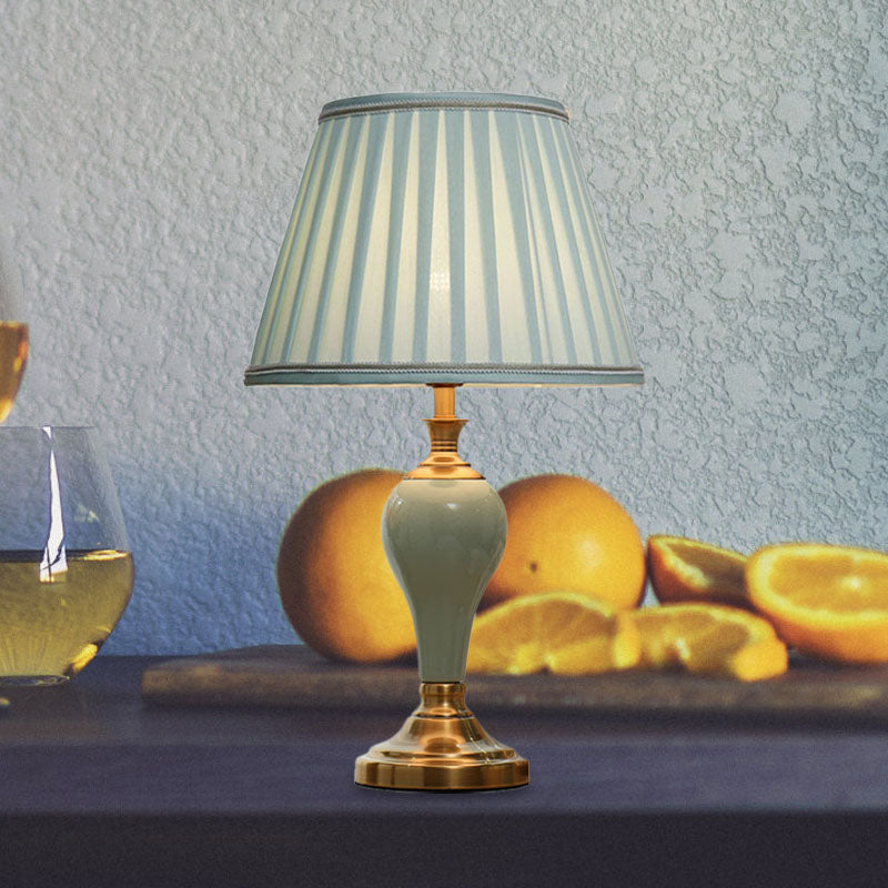 Ceramic Urn Table Lamp Vintage Bedside Nightstand Light In Aqua/Beige/Grey With Fabric Shade
