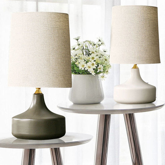 Rustic Table Lamp With Cylinder Fabric Shade - Grey/White White