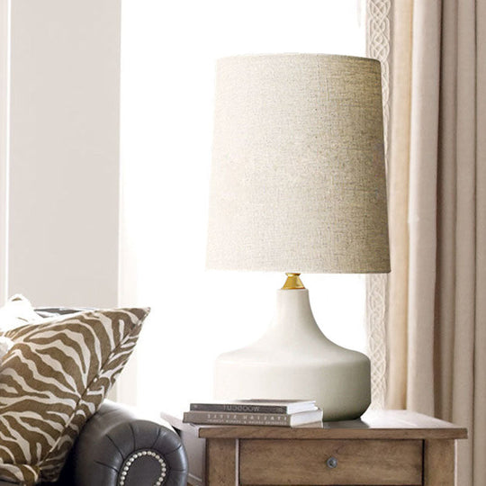Rustic Table Lamp With Cylinder Fabric Shade - Grey/White