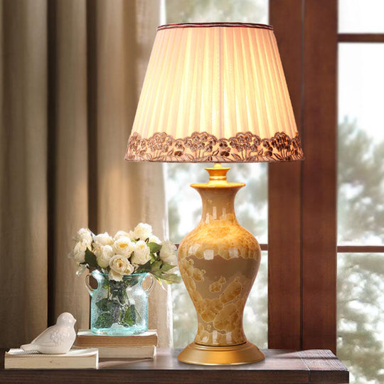Eva - Beige Beige Urn Night Light Rustic Ceramic 1 Head Living Room Table Lighting with Pleated Fabric Shade