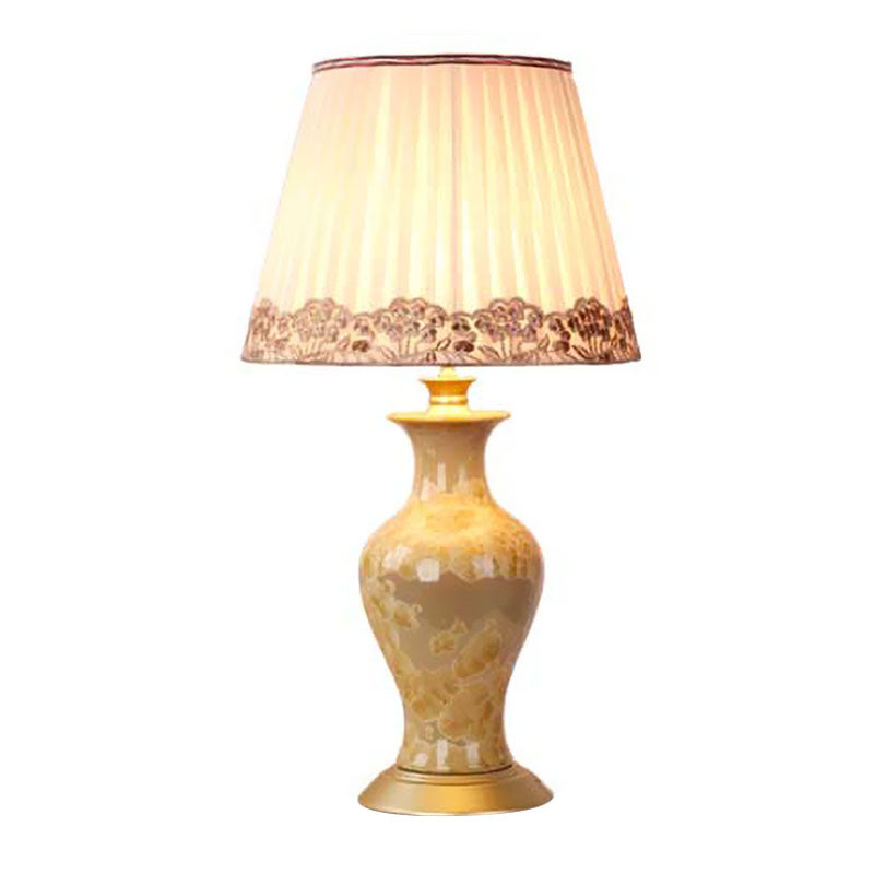 Rustic Beige Ceramic Urn Night Light With Pleated Fabric Shade - Living Room Table Lighting