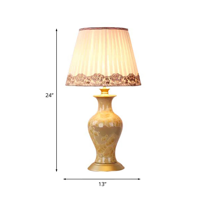 Rustic Beige Ceramic Urn Night Light With Pleated Fabric Shade - Living Room Table Lighting
