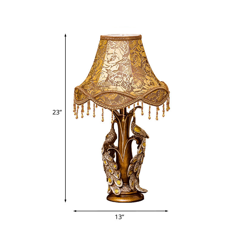Noemi - Rose Print Fabric Table Lamp with Peacock Decoration in Gold