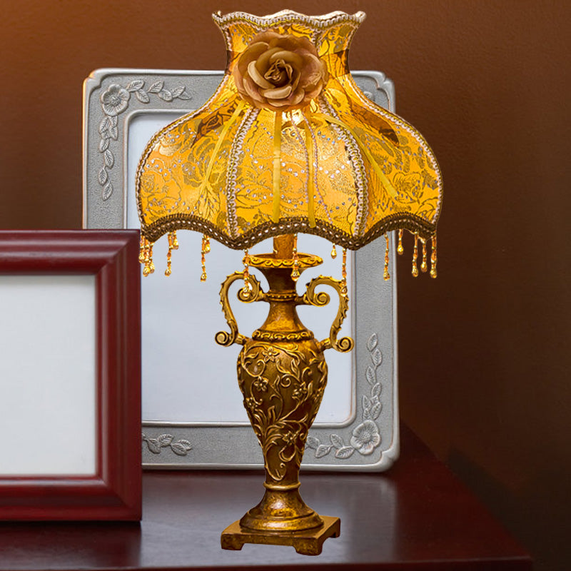 Camila - Gold Traditional Two-Handled Vase Table Lamp 1 Bulb Resin Nightstand Light with Curved Fabric Shade in Gold