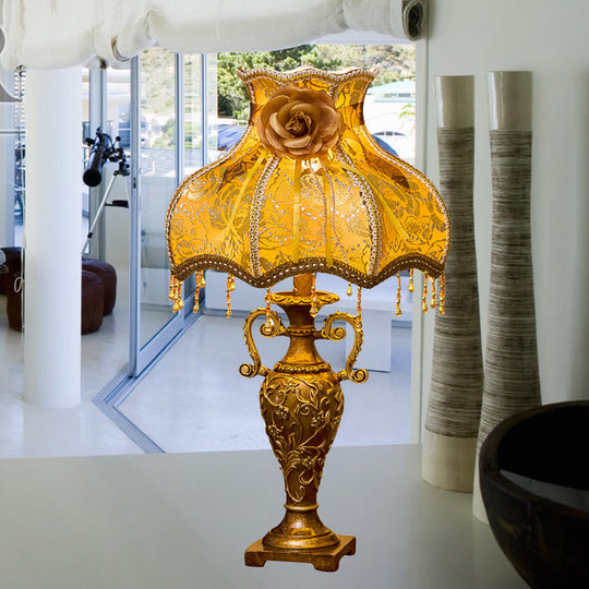 Classic Two-Handled Vase Table Lamp With Fabric Shade In Gold - Resin Nightstand Light