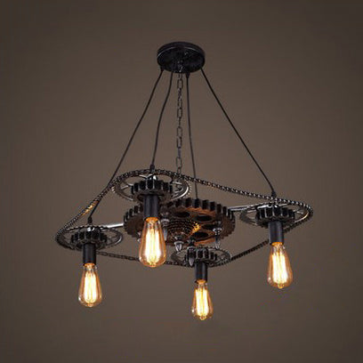 Industrial Style Bare Bulb Pendant Light with Black Finish and Gear Deco – 4 Heads Ceiling Fixture