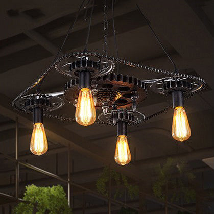 Industrial Style Bare Bulb Pendant Light with Black Finish and Gear Deco – 4 Heads Ceiling Fixture